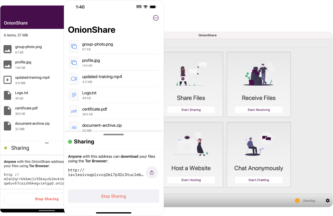 OnionShare's mobile and desktop applications